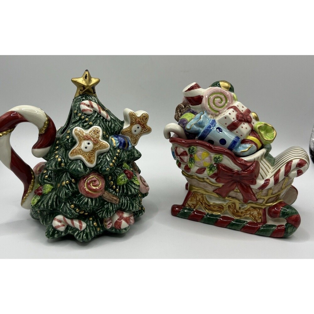 FITZ AND FLOYD 1996 CHRISTMAS TREE POT AND CANDY JAR WITH SPOON RARE